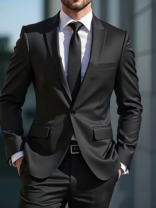 Men'S Solid Color Two-Piece Suit, Regular Fit Pants, Suitable for Business and Wedding Parties Elegant Classic Style