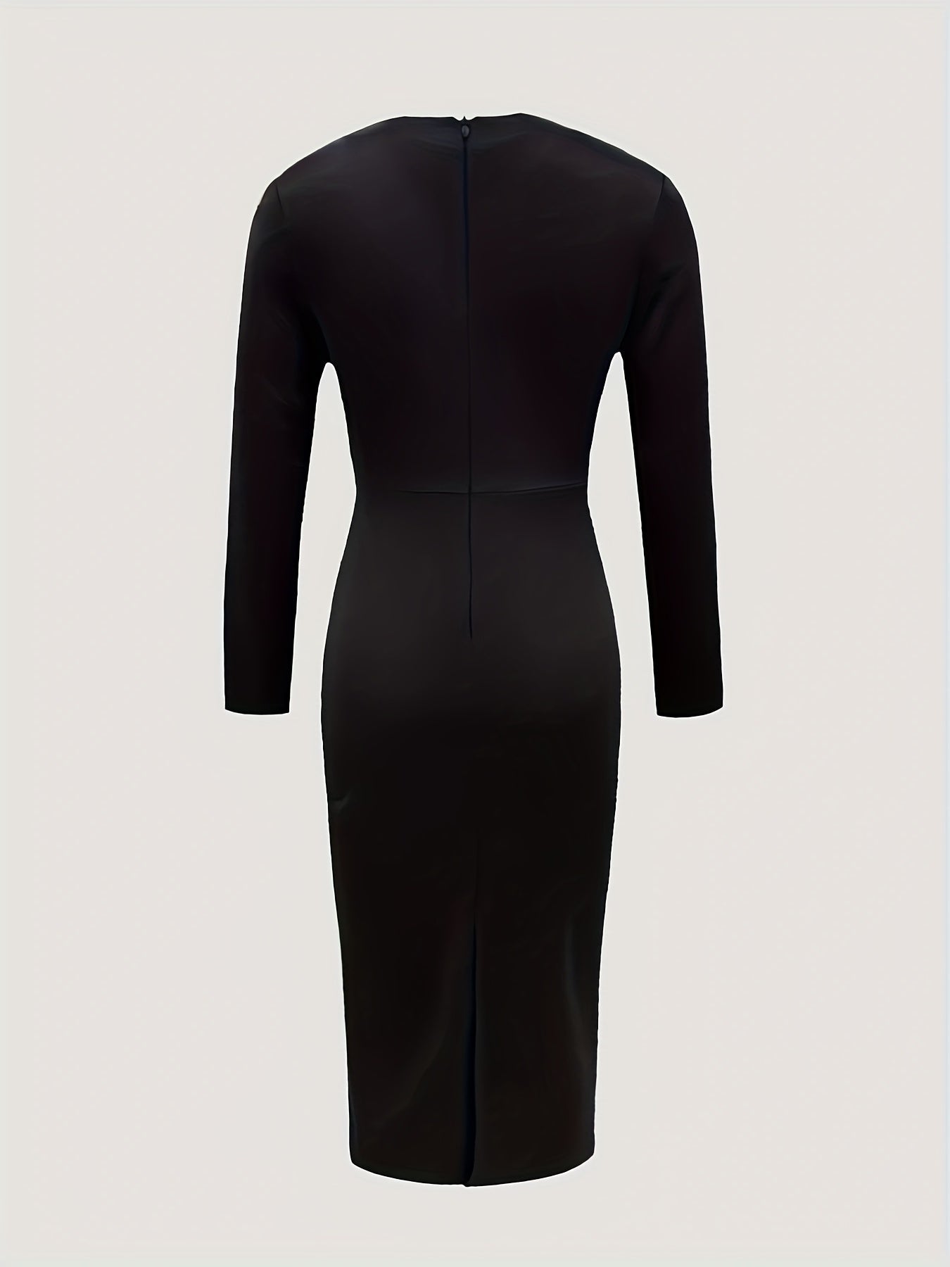 A solid black long-sleeved midi dress shown from the back with a central zipper and hem slit.