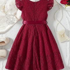 Girls Dress Lace Fly Sleeve Round Neck Casual Dress Fashion Summer Dress with Belt