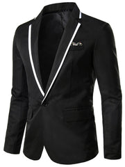 A black men's blazer featuring a white lapel trim and a single button closure.