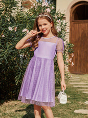 Girls Dresses Clashing Mesh Puffy Short Sleeve A-Line Casual Party Dresses