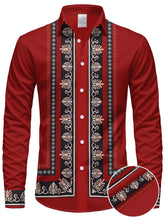 Men'S Long Sleeve Ethnic Style Shirt - Vibrant Turquoise with Black & Golden Floral Pattern, Button-Up Collar, Non-Stretch Fabric, Perfect for Spring/Fall Casual Wear, Spring Fashion Shirt | Floral Pattern Shirt | Nonstretch