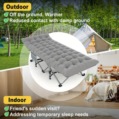 A grey tufted folding camping cot with a metal frame shown in both outdoor and indoor settings.