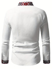 Men's Tribal Ethnic Print Long Sleeve Dress Shirt - 100% Polyester, Classic Collar & Button-Up Front, Machine Washable, Spring/Fall Casual to Formal Wear