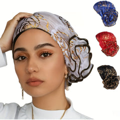 4pcs Elegant Floral Lace Turban Hats for Women - Stretchy Lightweight Breathable Polyester Hijab Scarf with Ruffled Edges, 4 Colors (White/Blue/Red/Golden) for Ramadan, Chemo, Everyday Glamour, Stylish Headwear, Sophisticated