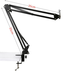A black adjustable desk-mounted boom arm stand with two 35cm segments for cameras or lights.