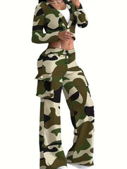 A woman wears a camouflage print two-piece set featuring a cropped V-neck top and cargo pants.
