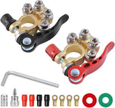 Two brass car battery terminal connectors with quick-release levers, hex bolts, and accessories.