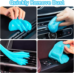 A blue cleaning gel is shown being pressed into car air vents and console crevices to remove dust.