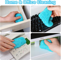 A blue cleaning gel is shown being used to remove dust from a drawer, keyboard, phone, and monitor.