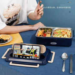 A blue electric lunch box with a stainless steel interior and a built-in phone stand.