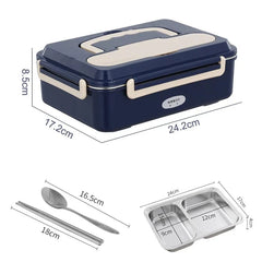 A navy blue electric lunch box with a stainless steel tray, spoon, and chopsticks.