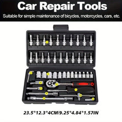 A portable car repair tool set featuring a ratchet wrench, various sockets, and screwdriver bits.