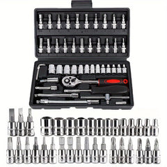 A comprehensive automotive repair tool set featuring a ratchet wrench, sockets, and bits.