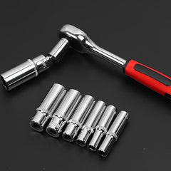 A ratchet wrench with a swivel socket attached, accompanied by a set of six chrome sockets.