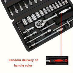 A portable automotive tool set featuring a ratchet wrench, various sockets, and extensions.