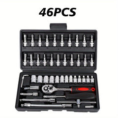 A 46-piece automotive repair tool set featuring a ratchet wrench, various sockets, and bits.