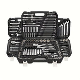 A comprehensive automotive tool set featuring various wrenches, sockets, and ratchets in a case.