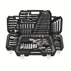 A comprehensive automotive tool set featuring various wrenches, sockets, and ratchets in a case.