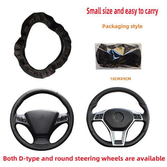 A black faux leather steering wheel cover shown in its packaging and fitted on D-type and round wheels.