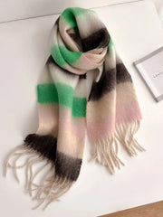 A long, fuzzy, multicolored striped scarf with fringe ends on a white background.