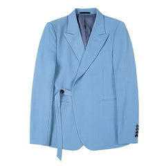 A light blue slim-fit blazer with a side buckle closure and notched lapels.