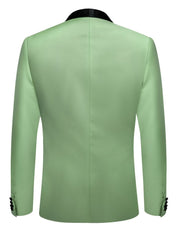 A light green men's suit jacket with a black shawl collar and buttoned cuffs, shown from the back.