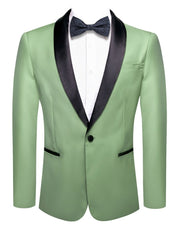 A light green men's suit jacket with a black shawl lapel, single button, and paisley bow tie.