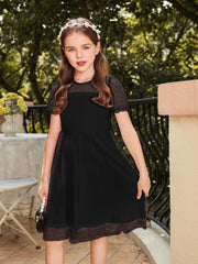 Girls Dresses Clashing Mesh Puffy Short Sleeve A-Line Casual Party Dresses