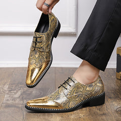 Men's golden lace-up dress shoes featuring a snakeskin pattern and a polished pointed toe.