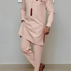 African Ethnic Style Men'S Casual Suit with Print Shirt, Slit Pants, and Drawstring Waist 2pcs Set