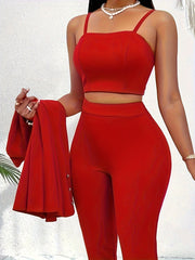 25 New Premium Women's Set: Cami Top with Halter Neck, Open Front Suit Jacket & Long Pants Three-Piece Outfit, Perfect for Office Wear, Daily Commute, Wedding Season, and Special Occasions