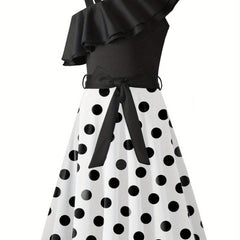 Girl's Sleeveless Polka Dot A-Line Dress with Ruffled One-Shoulder Design and Waist Bow - Black & White Summer Dress for Youngsters 5-12 Years