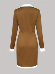 A brown long-sleeved bodycon dress with a white collar, white cuffs, and a white hem.