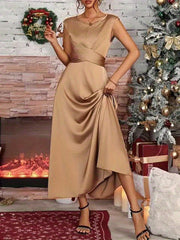 Elegant Women's Satin Evening Gown - Sleeveless Mermaid Party Dress with Twist Front & Back Zipper Detail, Round Neck Formal Attire, Machine Washable Solid Color All-Season Luxury Dress, Mermaid Gifts, Festive Celebration Out