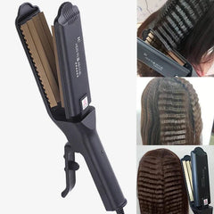 A black ceramic hair crimper iron with corrugated plates for creating textured hairstyles.