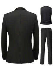 A black three-piece suit set featuring a shawl collar jacket, a vest, and matching trousers.