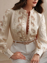 Women's Elegant Lace-Trimmed Semi-Sheer Long Sleeve Shirt - Stand Collar Button-Front Blouse with Puffed Shoulders, Machine Washable Lightweight Top for Spring Summer Fall, Versatile Casual to Formal Wear, Seasonal Wardrobe S