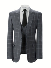 A grey plaid three-piece suit with a white shirt and black tie.