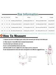 A size chart for a three-piece bikini set showing measurements for sizes small through extra large.