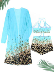 A three-piece bikini set featuring a blue and leopard print top, high-waisted bottoms, and a kimono.