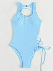 A light blue one-piece swimsuit with a high neckline and lace-up side detailing.
