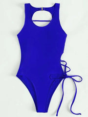 A royal blue one-piece swimsuit featuring a high neckline, cutout back, and side lace-up detail.
