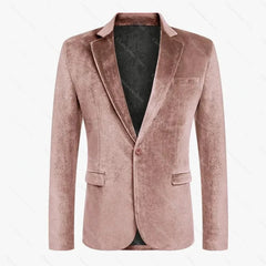 A dusty pink velvet men's blazer featuring a single-button closure and a notch lapel.