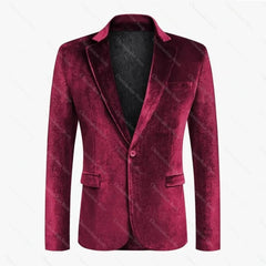 A slim-fit burgundy velvet blazer for men featuring a single-button closure and notch lapels.
