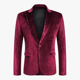 A single-button burgundy velvet blazer for men featuring a notch lapel and slim fit.