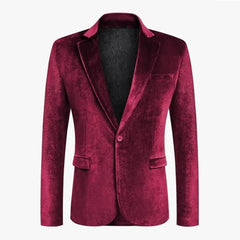 A single-button burgundy velvet blazer for men featuring a notch lapel and slim fit.