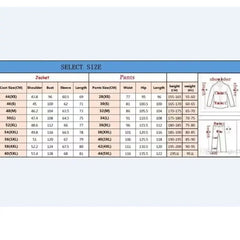 A size chart table for men's suits displaying jacket and pants measurements in centimeters.