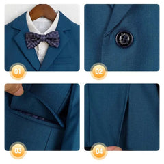 A four-panel close-up view of a blue formal suit for boys featuring a polka-dot bowtie.