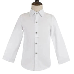 A long-sleeved white button-down shirt for children with a classic collar and silver buttons.